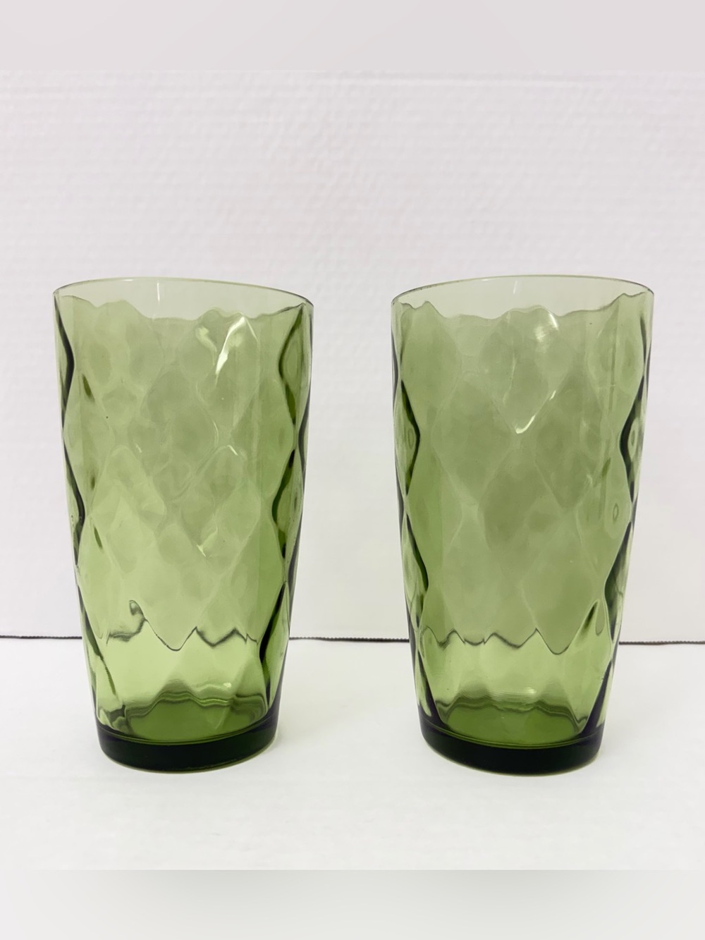 VTG Hazel Atlas Avocado Green Diamond Optic Harlequin MCM Glasses Set of 2